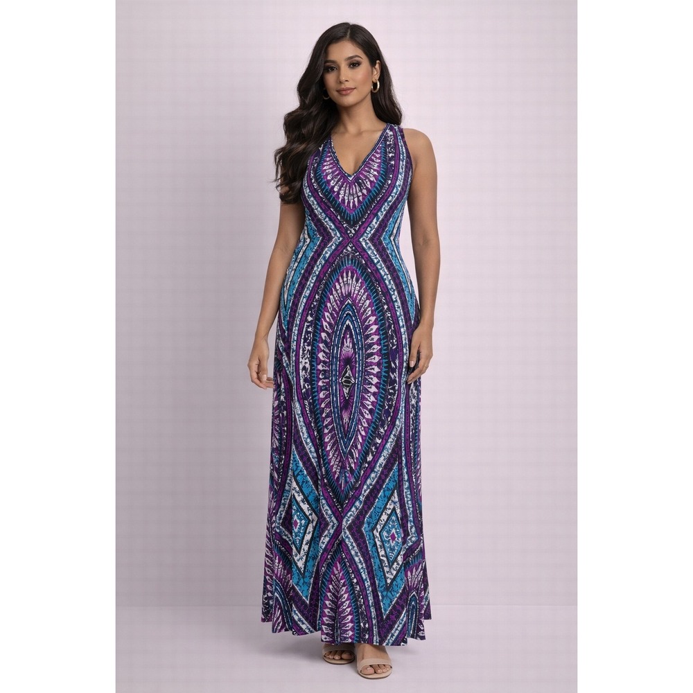 Maggy London- Purple and Blue Patterned Maxi Dress Size 4